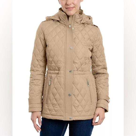 MICHAEL KORS Women Petite Quilted Hooded Anorak Coat Belted Jacket camel… - Picture 1 of 7